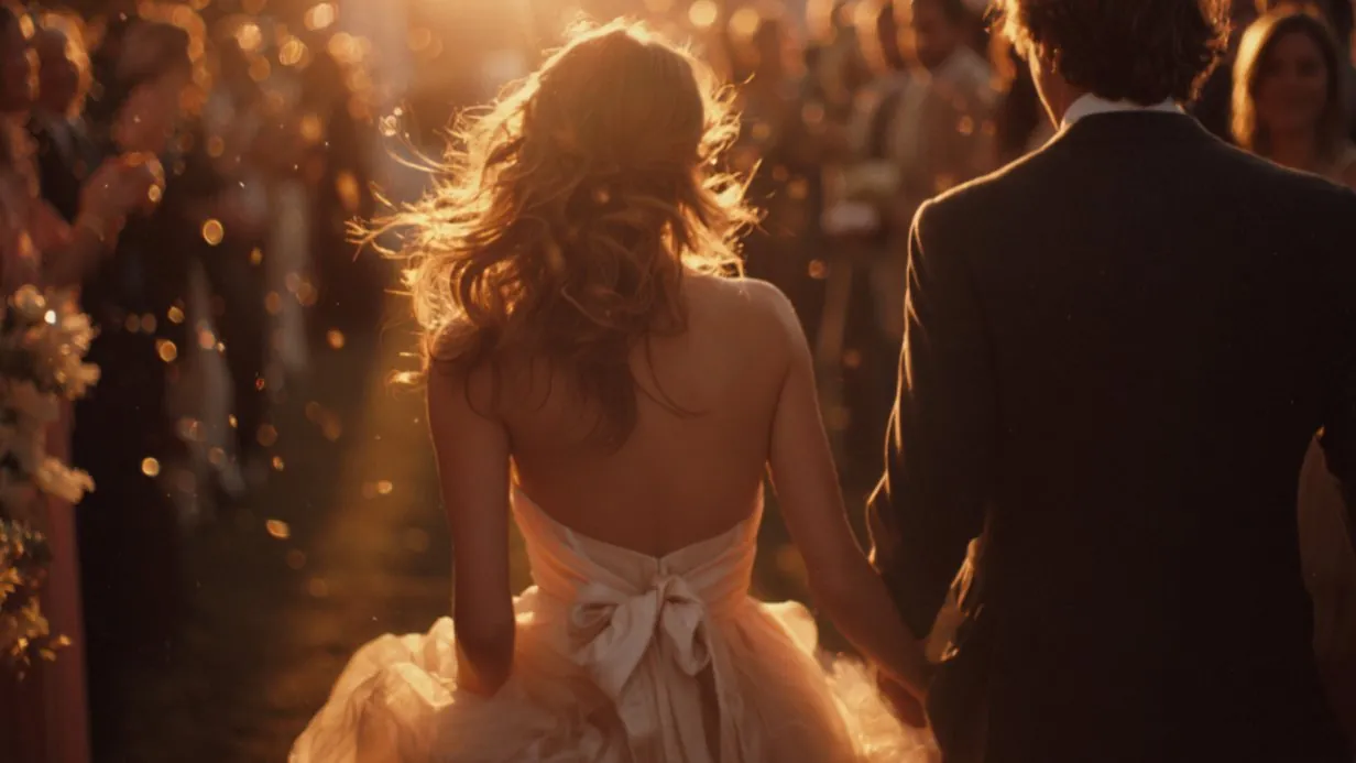 Couple at sunset wedding